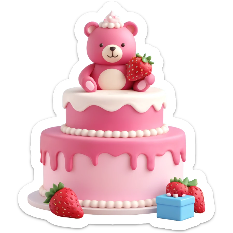 A 3D iOS style illustration of a cake in an open box with a small bear on top, featuring a pink cake with white frosting and a strawberry, set against a light brown background with sparkles. The design should be clean and have a polished look typical of iOS design language. sticker