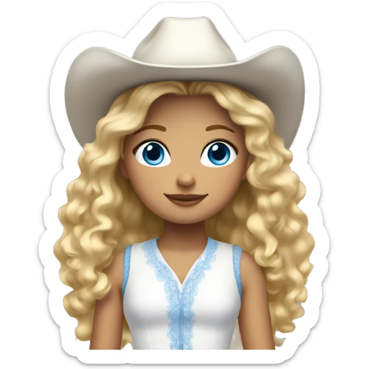 Young girl with curly blonde hair, blue eyes, dressed in white dress and cowboy boots sticker