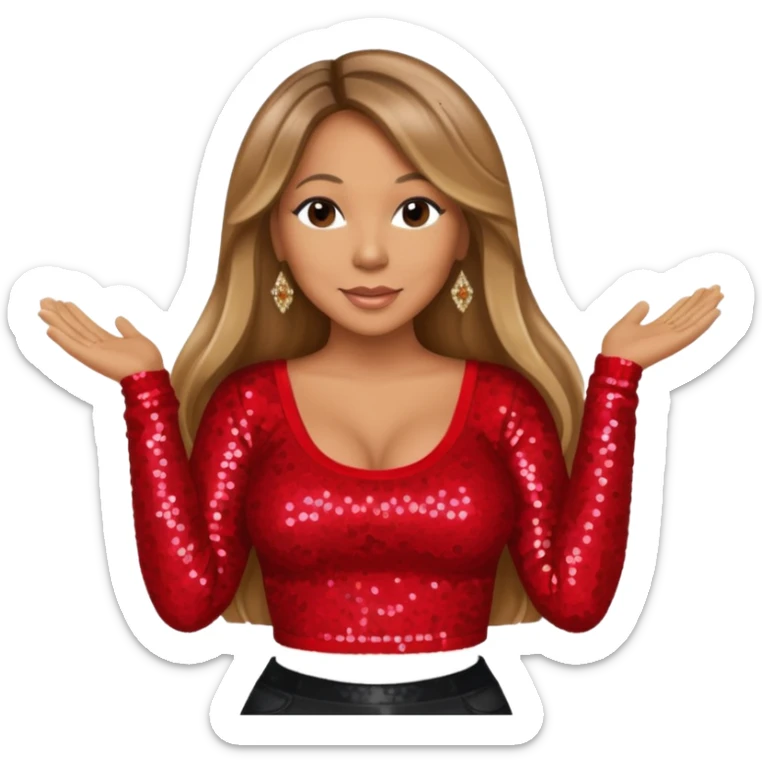 Mariah Carey with long dark blonde hair, red sequin long sleeve crop top sticker
