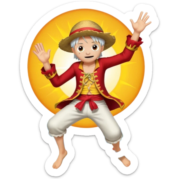 the king of the pirates (luffy) with white hair and clothes jumping in front of the sun sticker