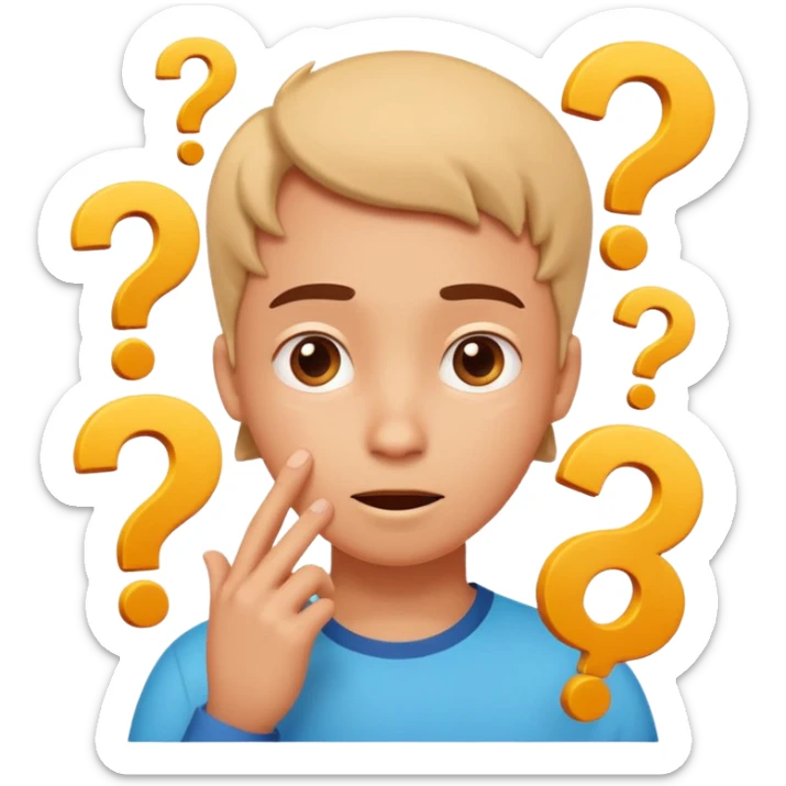 Cartoon illustration of an animated character trying to guess a secret number, question marks floating around their head, thoughtful expression, playful and educational style, bright colors, simple background. sticker