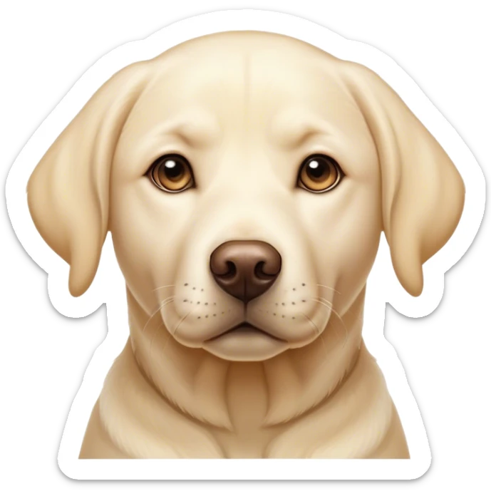 Cinematic Noble Cream Labrador Portrait Emoji, Poised and regal, with a strong, athletic build and a smooth, well-groomed cream Fur, deep-set soulful warm eyes, Simplified yet sharp and sophisticated features, highly detailed, glowing with a soft, dignified glow, high shine, intelligent and gentle, stylized with an air of grace, focused and attentive, soft glowing outline, capturing the essence of a watchful and loving companion, so majestic it feels as though it could bound out of the screen with effortless authority! sticker