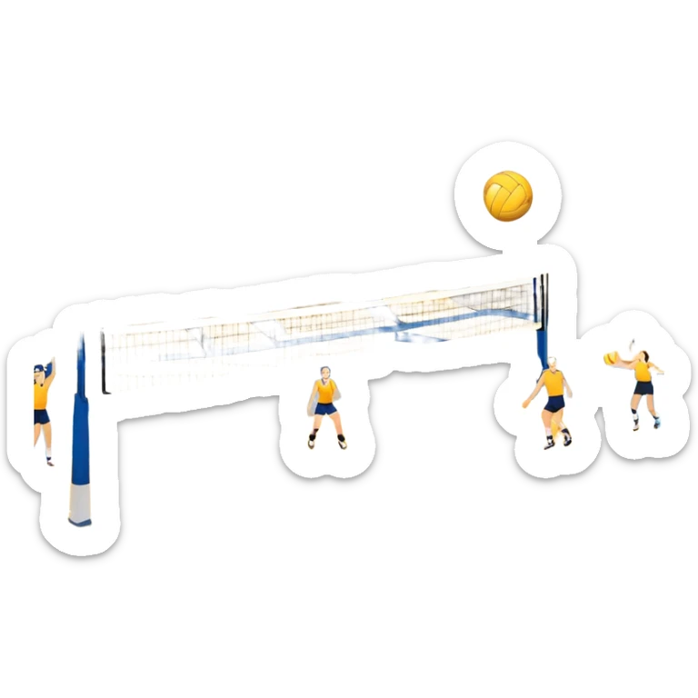 A close-up of a volleyball on the court, with the net in focus and the court markings visible. The background shows the stands filled with spectators, creating an energetic atmosphere of a volleyball match, with attention to detail on the equipment and the surrounding environment. sticker