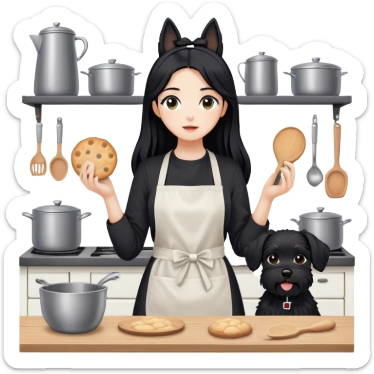pale girl with long black hair wearing black long sleeve tshirt wearing apron and baking treats holding black floppy ear schnauzer no tail sticker