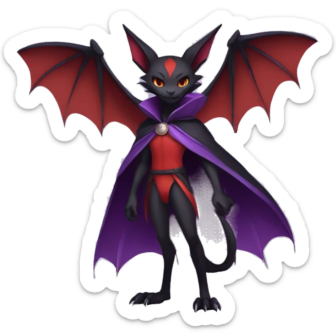  Black Red Purple Anthro Kawaii Edgy Cool Vampiric Demonic Beautiful Noivern-Nargacuga-Litten with big Bat Ears and wearing a cape and collar full body sticker