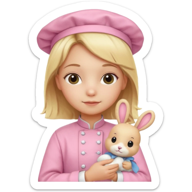 girl kid italian chef, blonde,  pink uniform, holding plush rabbit sticker