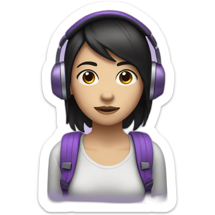 a depressive girl with purple headphones and straight black hair she will have a purple backpack sticker