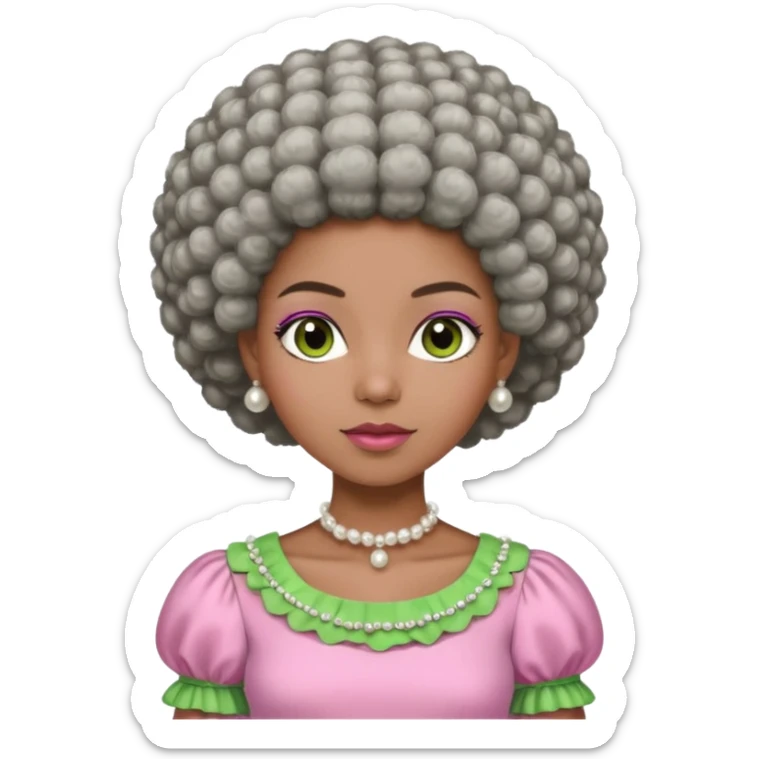 Pretty Brown woman with a very very short stylish gray Afro  wearing pink and green dress  and pearl blouse with sleeves sticker