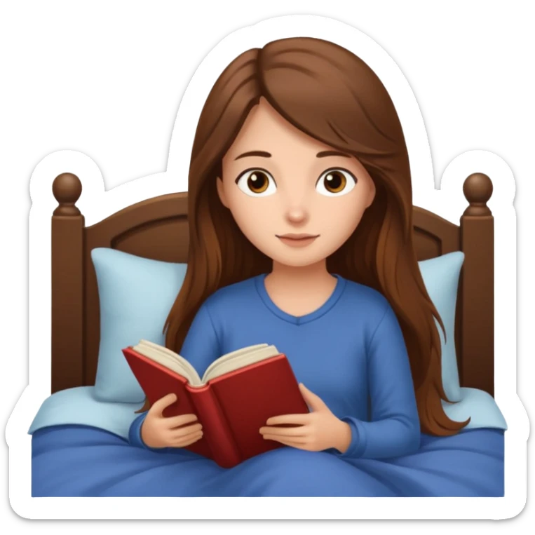 Cozy girl with long brown hair and brown eyes reading in bed sticker