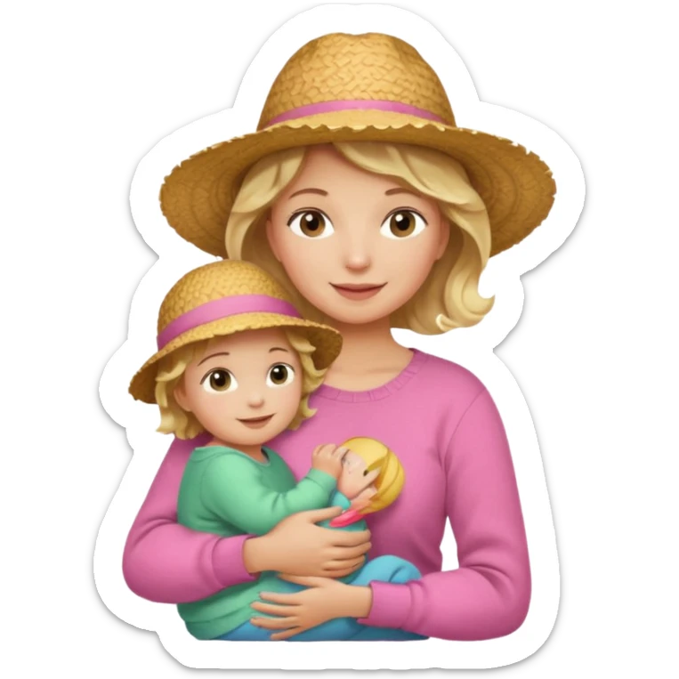 A cheerful wavy short blond hair mom in a straw hat carrying her child, wearing a pink sweater sticker