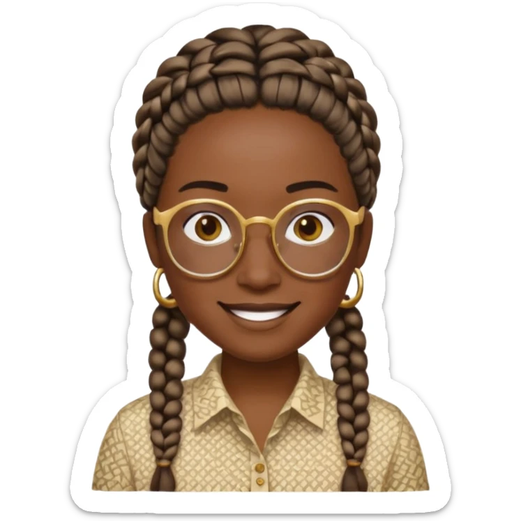 smiling face with black skin tone, golden glasses, braided hair, beige patterned shirt, no sweat drop, simple and expressive sticker
