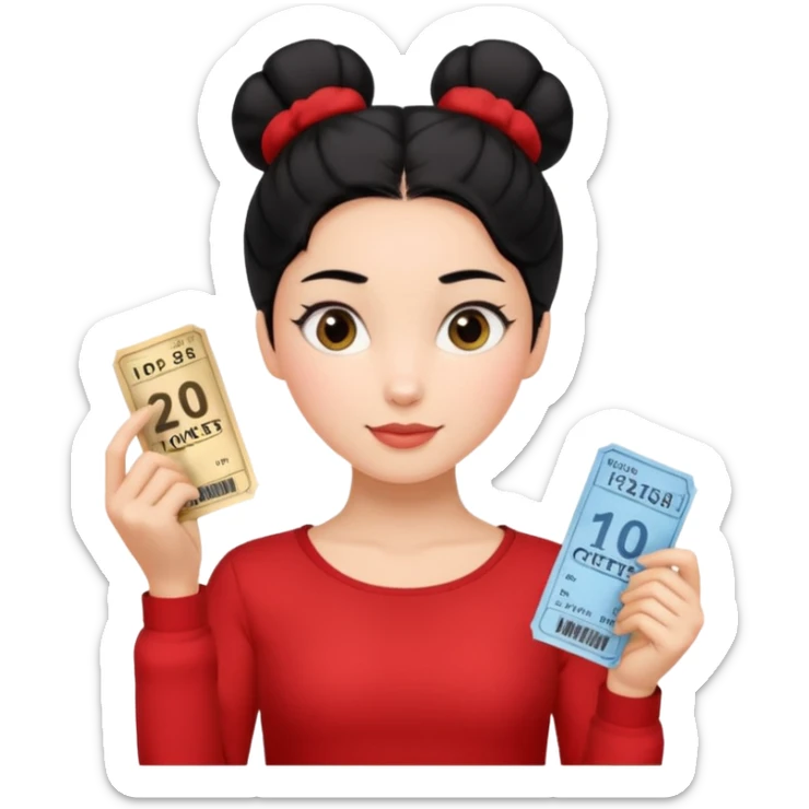 A girl with a one bun of black hair, wearing a red long-sleeved shirt and holding theater tickets sticker