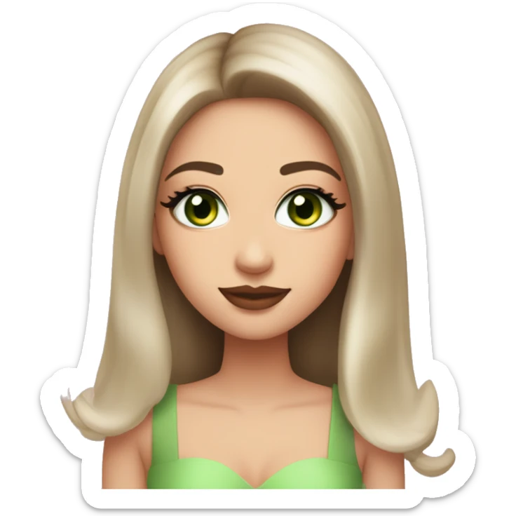 beautiful girl with high cheek bones orange blush, long straight shiny dark brown hair, big green eyes and big pale pink lips. Long thick eyelashes. Wearing a cream bustier.  She is smiling sticker