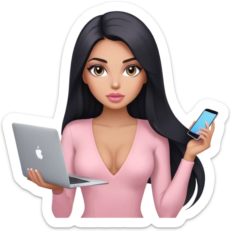 Glamours, tanned, very beautiful girl, with big pump peach-beige-rose lips, long lashes, black straight smooth silky long hair, straight parting hair, blue-grey eyes, in light-pink v-neck bodysuit holding MacBook sticker