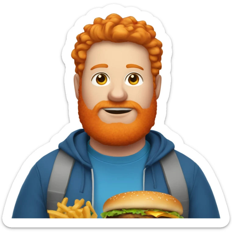 Fat ginger guy in a blue hoodie with orange hair and an orange beard with a cheeseburger sticker