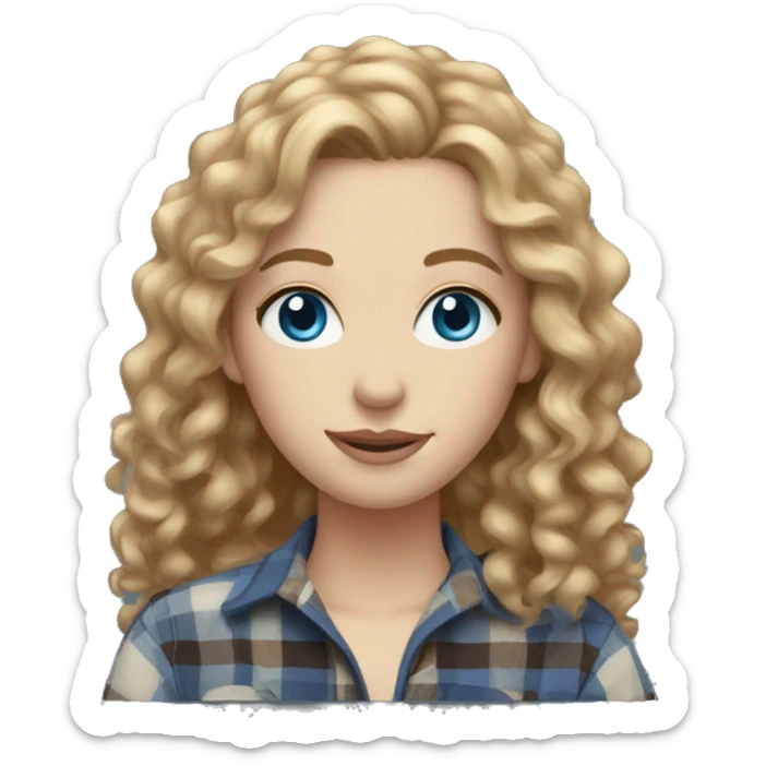 Pale woman long curly light brown hair, blue eyes, flannel sticker
