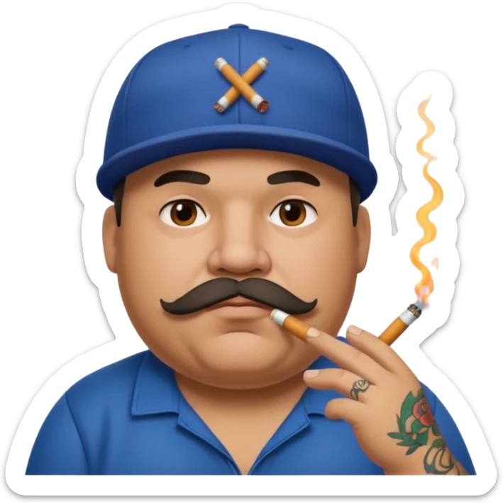 a fat dad in a hip hop cap with a tattoo, a cigarette in his mouth, and a mustache. sticker