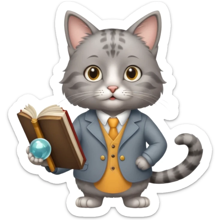 A cat with a mirror on its feet, a book in one hand, a teacher's stick in the other, and hair that looks like Einstein's. sticker