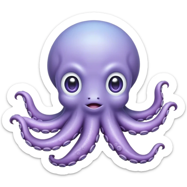 Meme-Worthy Floating Baby Octopus Portrait Emoji, Drifting gracefully in the water with soft, curled tentacles and a dreamy, weightless posture, showcasing a smooth, rounded light blue-purple body with mesmerizingly large, gentle eyes gazing into the abyss, Simplified yet poetically expressive features, highly detailed, glowing with a soft, celestial marine glow, high shine, quiet and mystical, stylized with an air of deep-sea serenity, soft glowing outline, capturing the essence of a tiny, peaceful cephalopod floating endlessly in the infinite beauty of the ocean depths! sticker