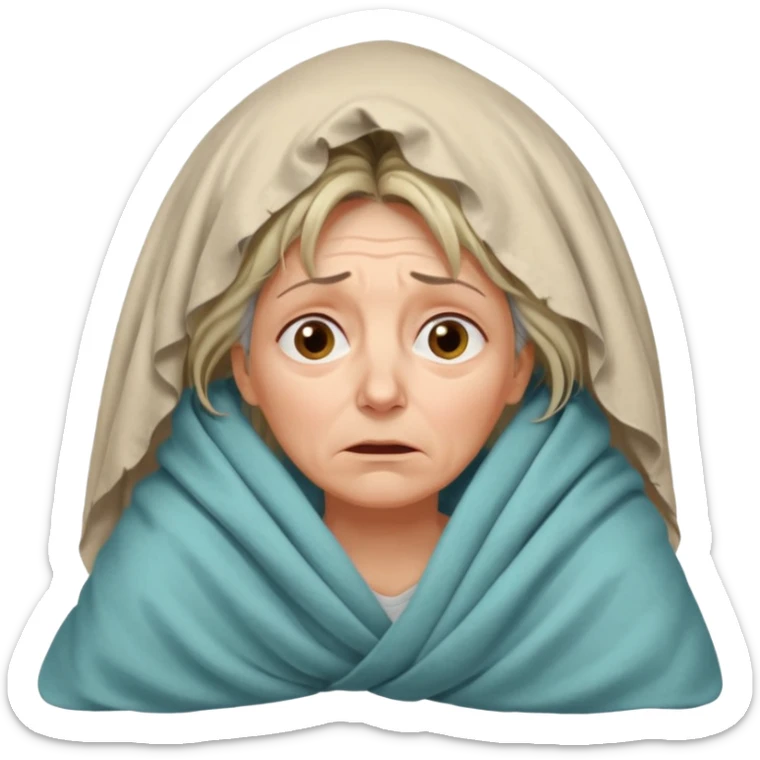 A 55-year-old woman lying in bed at night, unable to sleep. She looks exhausted and desperate, with visible dark circles under her eyes, tired facial expression, slightly messy hair. She is under the blankets, staring at the ceiling.  sticker