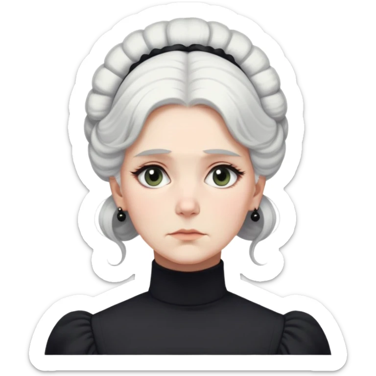 A Victorian woman with simple yet elegant coiffed white hair and light eyes wearing a modest unadorned monochrome black turtleneck mourning dress with puff sleeves looking down with a forlorn expression sticker
