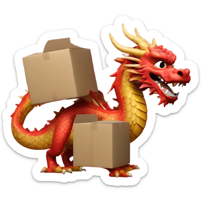 An emoji of a Chinese-style dragon carrying small cardboard boxes on its back, with a minimal red cloud background sticker