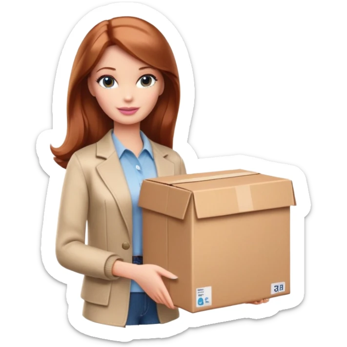 Barbie, shoulder-length reddish-brown hair, holds a package box, Barbie is wearing beige and brown colored clothes sticker