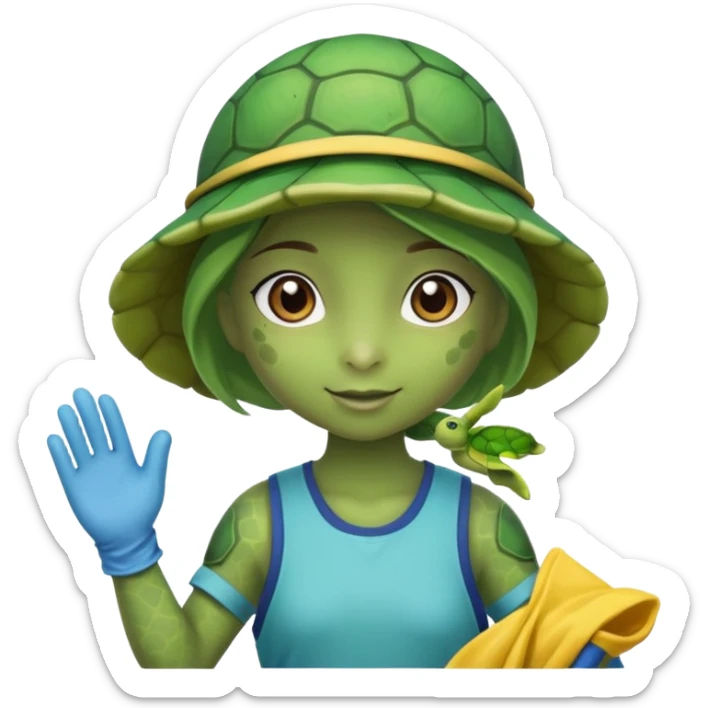 Haz una tortuga bonita, que sea niña, con ropa como si estuviera haciendo voluntariado, que Rea presente la limpieza de playas y el de refugio de animal sticker