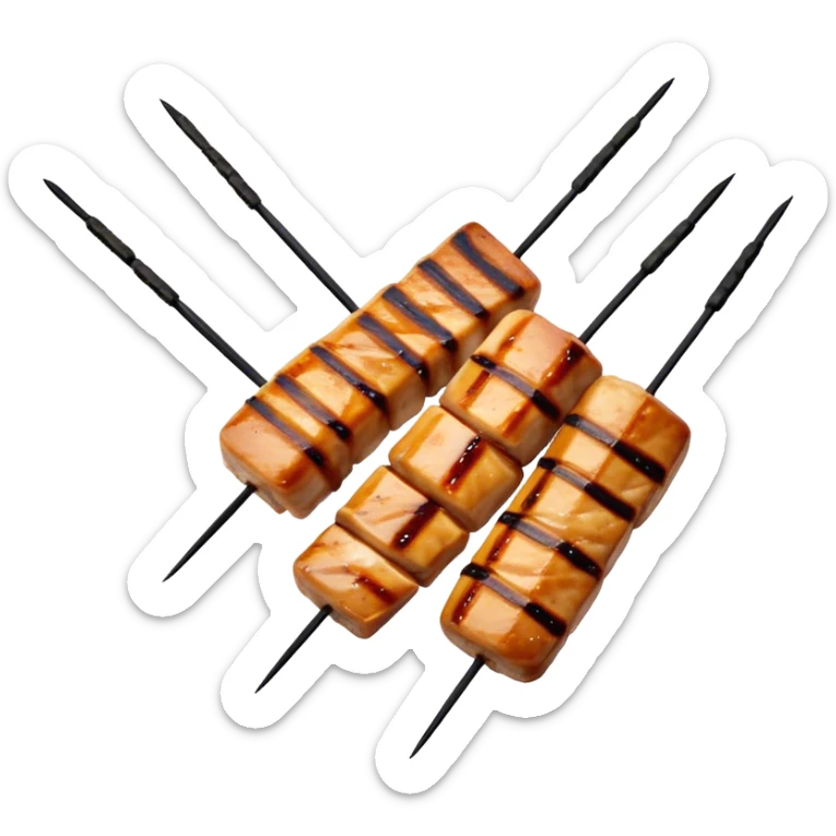Cinematic Realistic Yakitori Dish Emoji, depicted as skewered, grilled chicken pieces with a charred finish rendered with crisp textures and appetizing, natural lighting. sticker