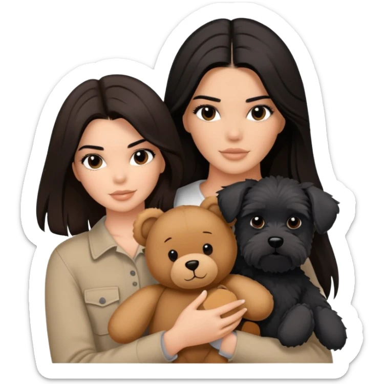 Kendall Jenner with long dark hair, holds a brown teddy bear and a black schnauzer sticker