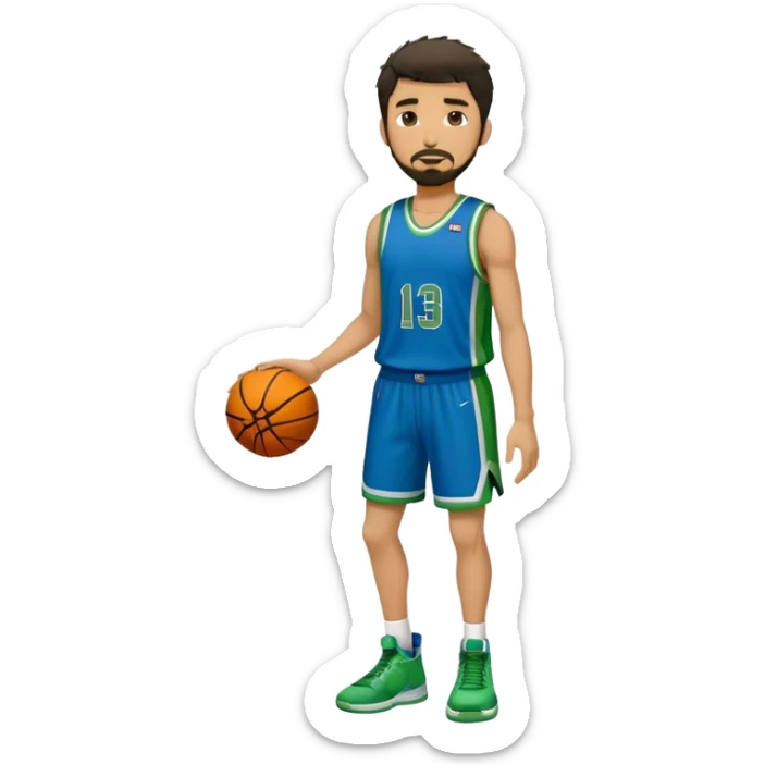 Full Body  white male basketball player with short dark shaggy hair and goatee wearing blue and green uniform sticker
