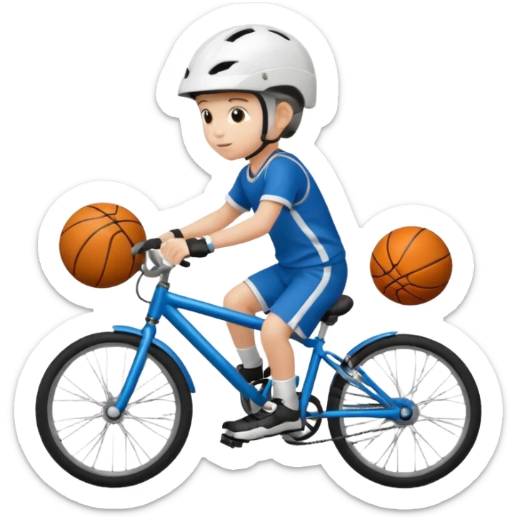 A child on a bicycle, with a soccer ball and a basketball nearby sticker