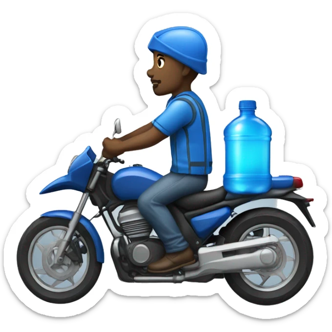 black man in a blue moto delivering blue water bottles in the back of the moto (side view) sticker