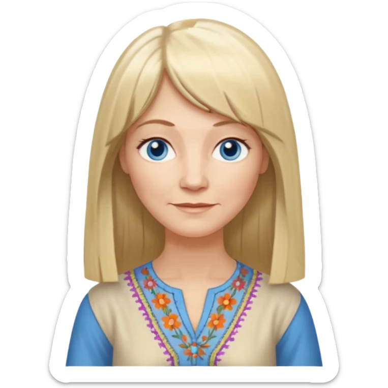 50 yr old white woman, hippie part bangs, very long straight blond hair, oval face, small smile, blue eyes, thin face, hair downback, hair parted at center of head, round cheeks, pale, longer hair, dress shirt sticker