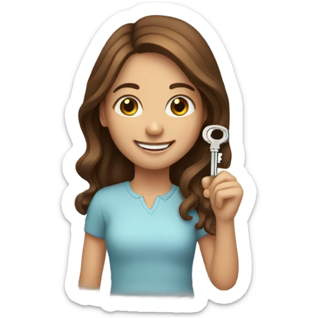 smiling girl with brown hair holding a house key sticker
