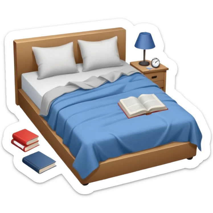 messy bed with a wrinkled blanket, the pillow out of place on the floor. Around the bed, scattered items include a t-shirt, pants, and an open book on the floor. sticker