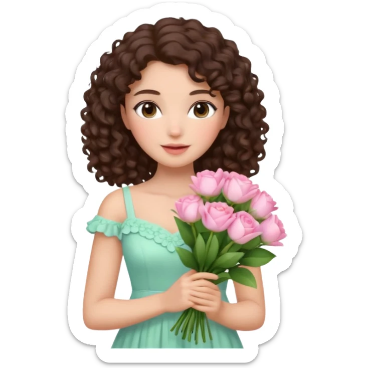 beautiful female memoji, dark brown curly hair, soft natural makeup, wearing pastel dress, holding a bouquet of fresh flowers, romantic and dreamy aura sticker