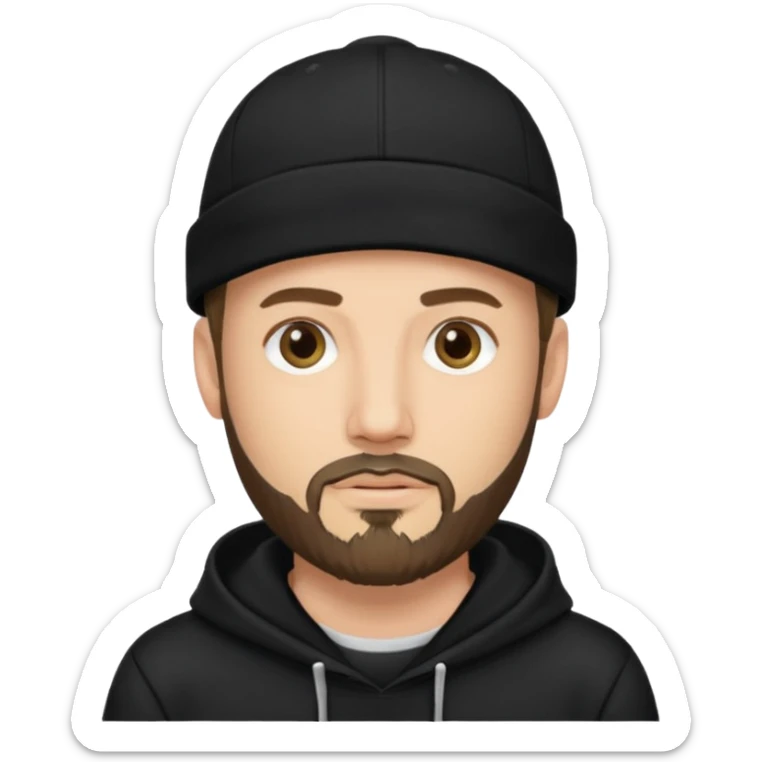 Hombre de ojos claros, con barba fina y perilla, gorra negra bordada, y sudadera negra sticker
