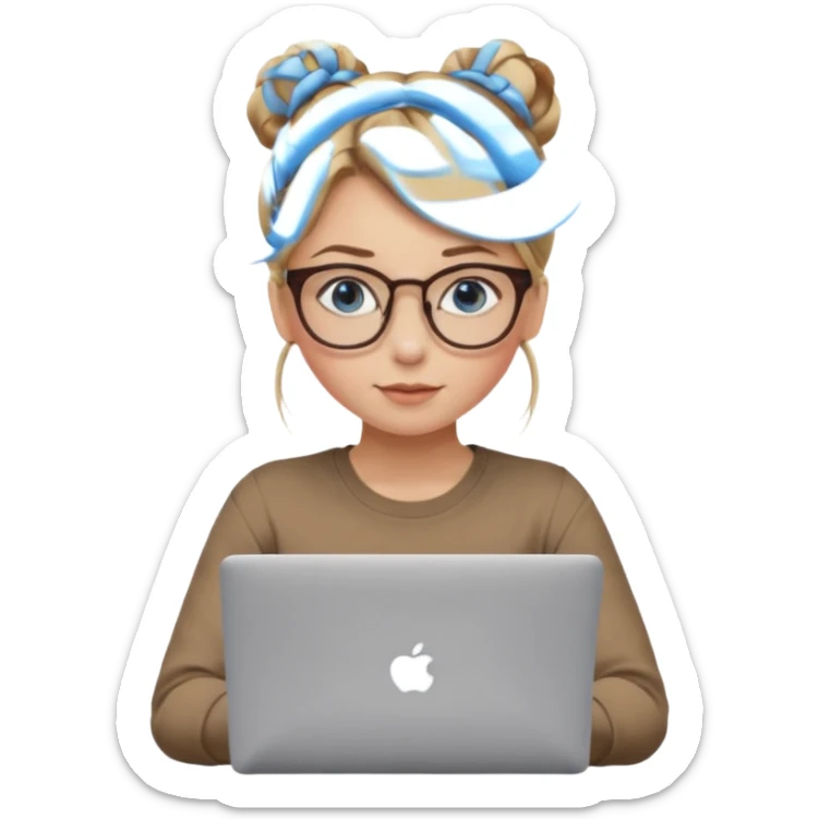 girl, dirty blonde hair, a bun, blue eyes, glasses, brown longsleeve, a laptop. upper body. sticker