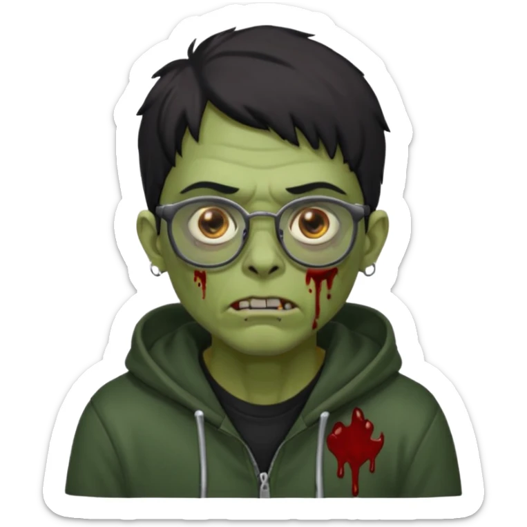 Chico moreno zombie, con gafas y sudadera negra, dos aretes en la oreja izquierda y dos en la derecha, ojeras en los ojos y sticker