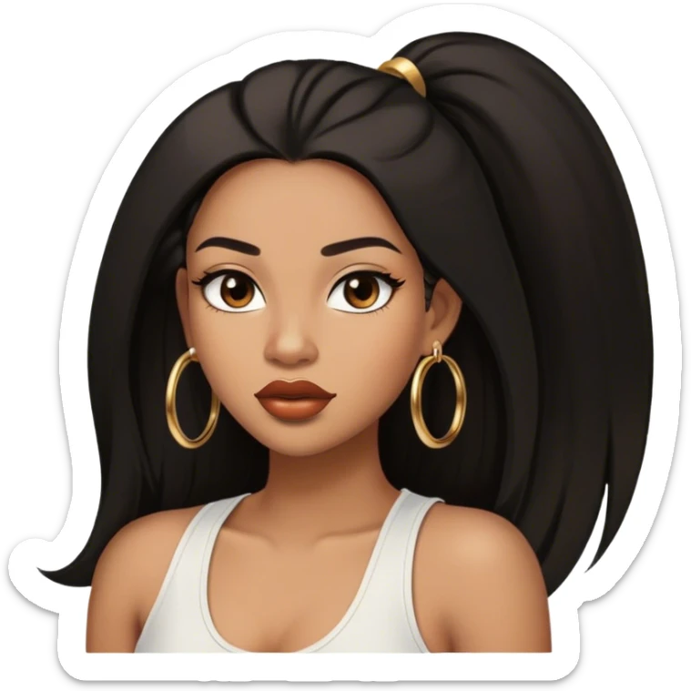 light brown skin tone, very beautiful woman, with big plump lips, long long lashes, black straight long hair, brown eyes, white tank top, gold hoop earrings sticker