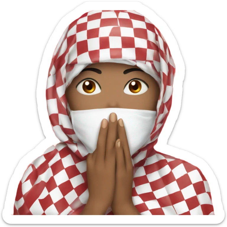 Woman wearing red and white checkered kuffiyeh hand covering mouth sticker