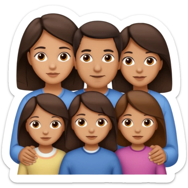 Family portrait with father with dark brown hair and black eyes, mother with light brown hair and brown eyes, three brown little girls with brown eyes sticker