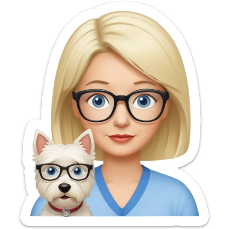 white woman blue eyes glasses middle aged blonde bob funny with westie sticker