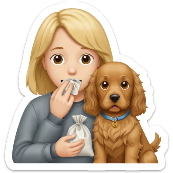 Holding my nose to a smelly poo bag with an English golden cocker spaniel sticker