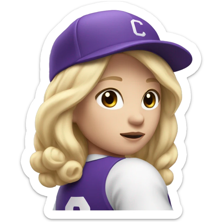 baseball card character. Blonde female shoulder length hair. letter C logo. Purple and white uniform. sticker