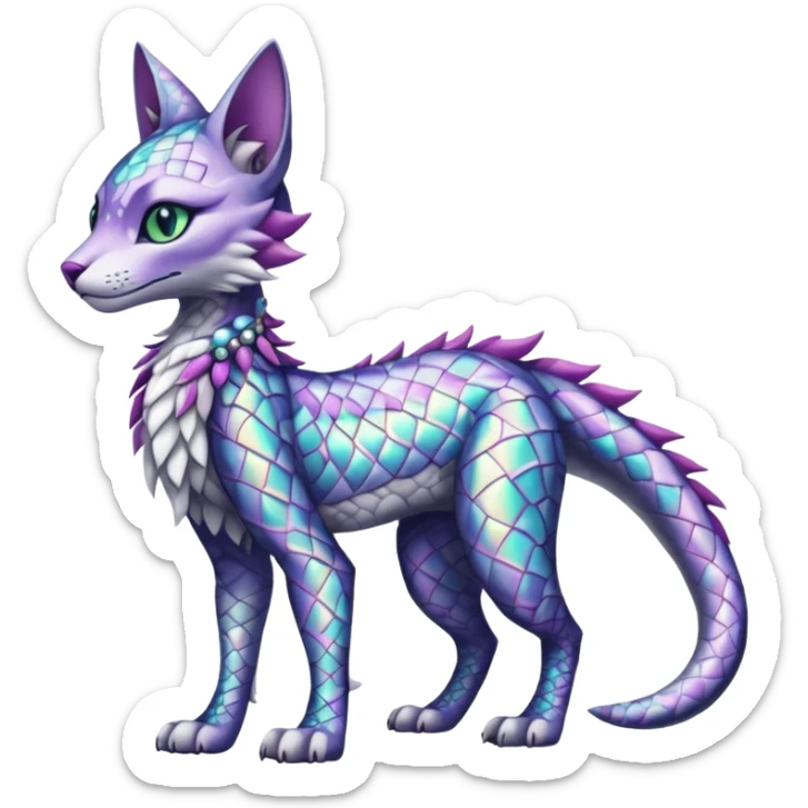 Kawaii iridescent beautiful pretty elegant divine edgy fantasy feline-vernid-sergal-fursona-animal-creature with accessories, full body with intricate pattern-markings  sticker