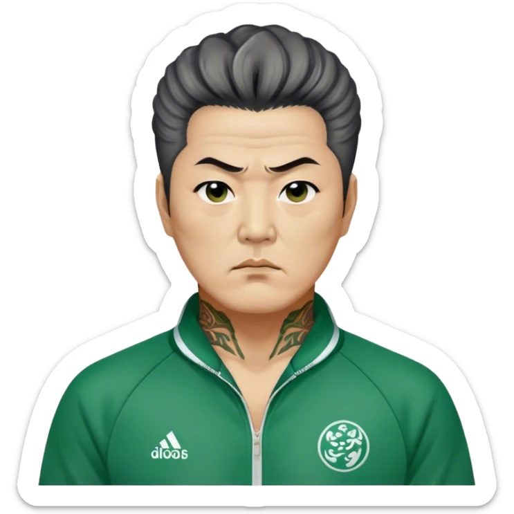 Jang Deok-su , Age: Late 50s
Appearance: A fierce man with tattoos, A large hair, have a tattoo on his neck.
Outfit: Green player tracksuit sticker