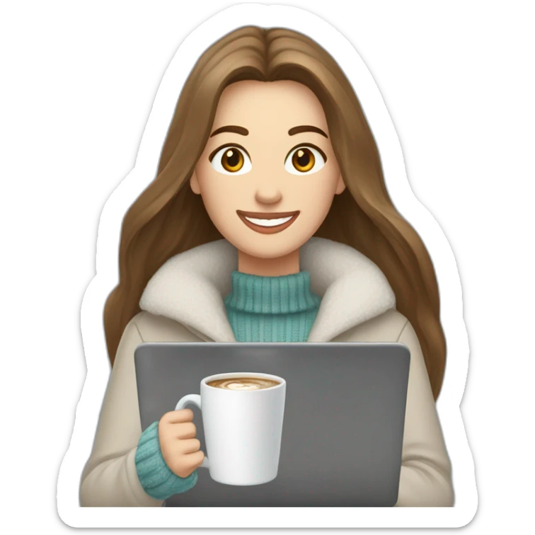smiling woman with pale skin middle brown long straight hair in a snowstorm with a laptop and a coffee mug wearing a white woolly shirt sticker