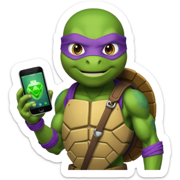 Donatello from Teenage Mutant Ninja Turtles, emoji style, with a hologram device and a tech accessory sticker